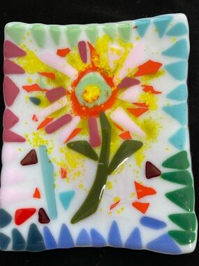“Vibrant Bloom“ Fused Art Glass  Art Handmade 8.5”x7” Rectangular Floral Design